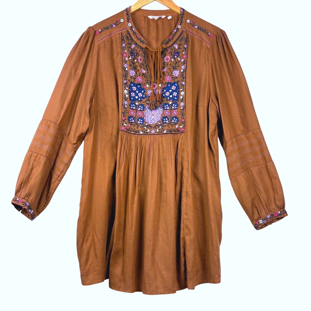 Soft Surroundings Long Sleeve Tunic XL Brown Embroidered Tassel Boho Top Peasant